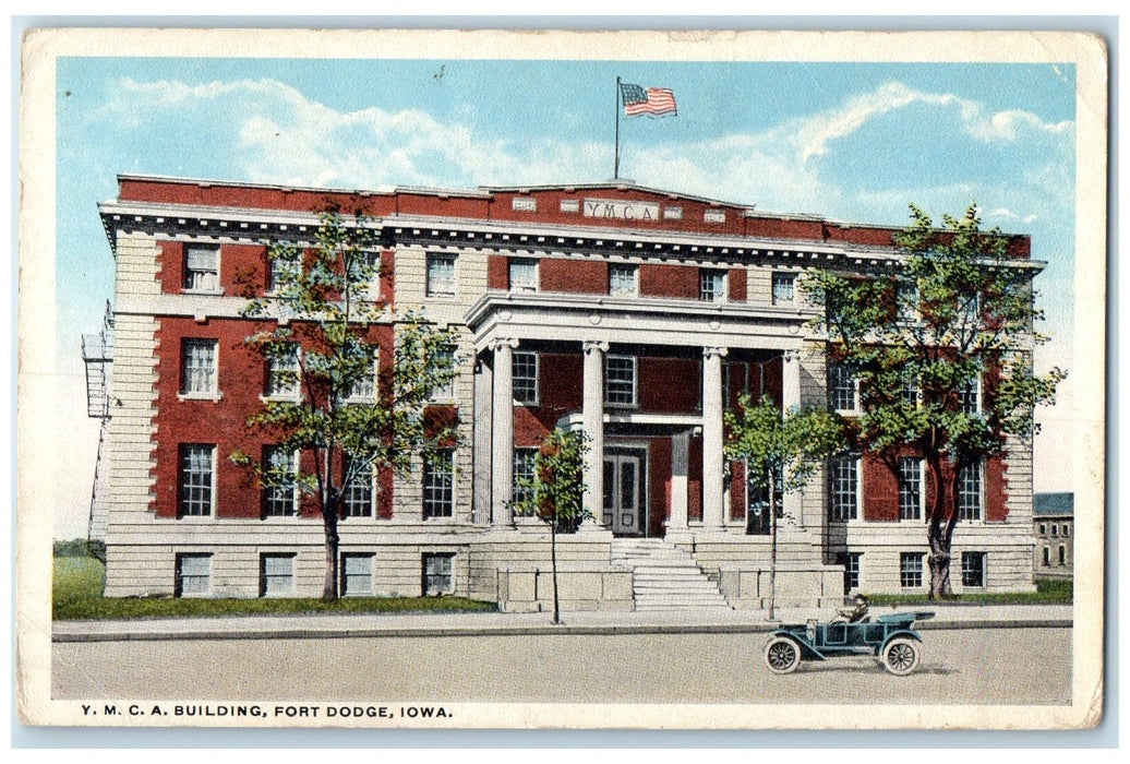 c1910s YMCA Building Exterior Roadside Fort Dodge Iowa IA Unposted Flag Postcard