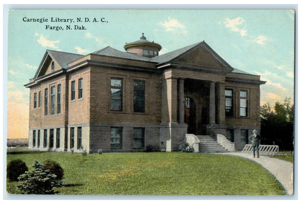 c1910 Carnegie Library NDAC Building Staira Entrance Fargo North Dakota Postcard