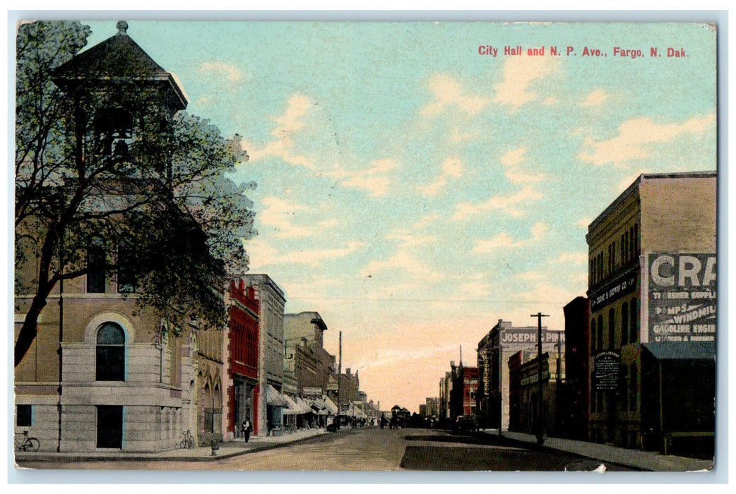 1912 City Hall & Northern Pacific Avenue Fargo North Dakota Antique Postcard