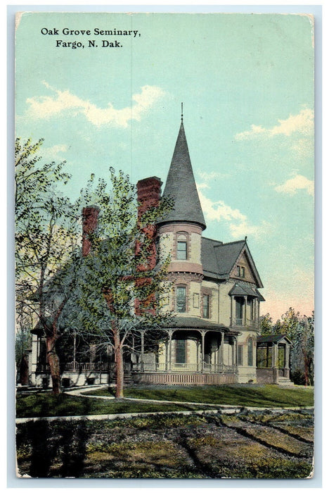 1911 Oak Grove Seminary Building Porch Entrance Fargo North Dakota Postcard