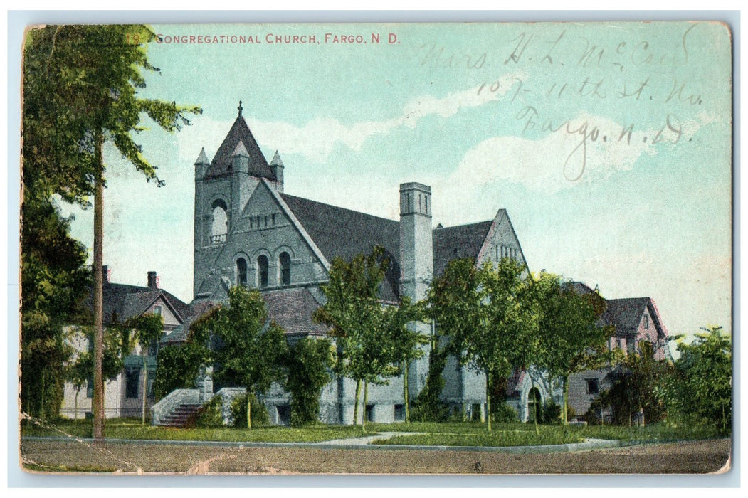 1908 Congregational Church Building Tower Entrance Fargo North Dakota Postcard