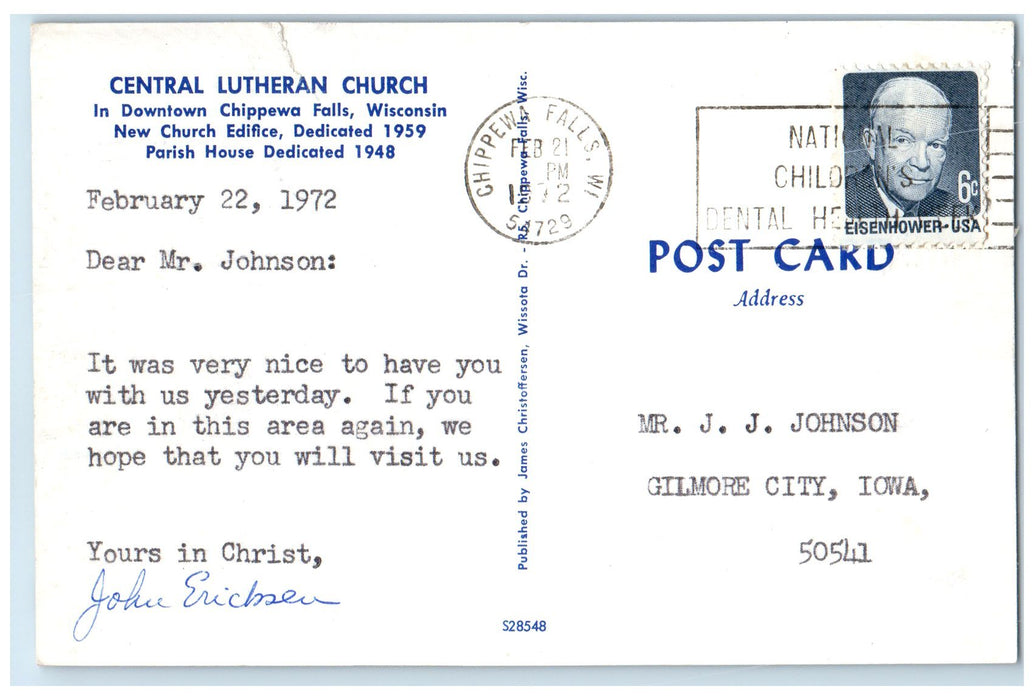 1972 Central Lutheran Church Exterior Scene Chippewa Falls Wisconsin WI Postcard