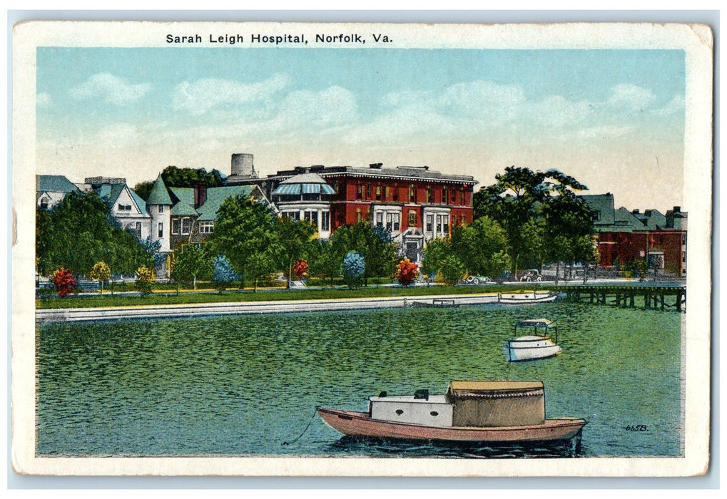 c1920's Sarah Leigh Hospital Exterior Boats Scene Norfolk Virginia VA Postcard