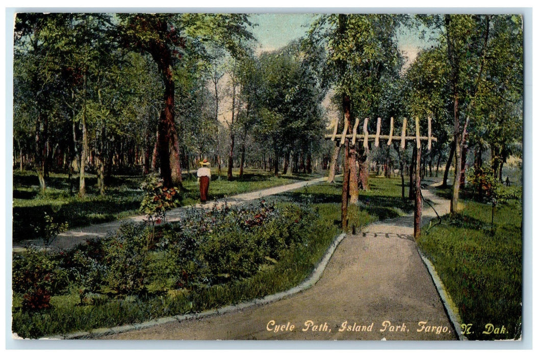 1910 Cycle Path Island Park Woman Pathways Trees Fargo North Dakota Postcard