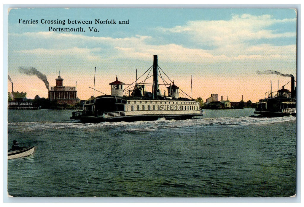 c1920s Ferries Crossing Between Norfolk And Portsmouth Virginia VA Boat Postcard