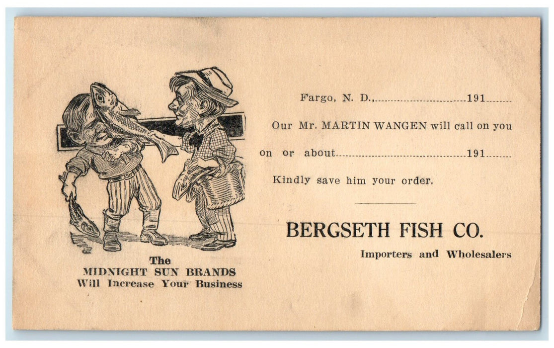 c1905's Bergseth Fish Co. Cartoon Carrying Fish View Fargo North Dakota Postcard