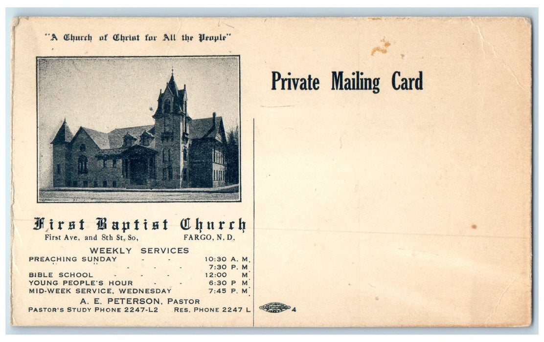 c1905 First Baptist Church Weekly Services Building Fargo North Dakota Postcard