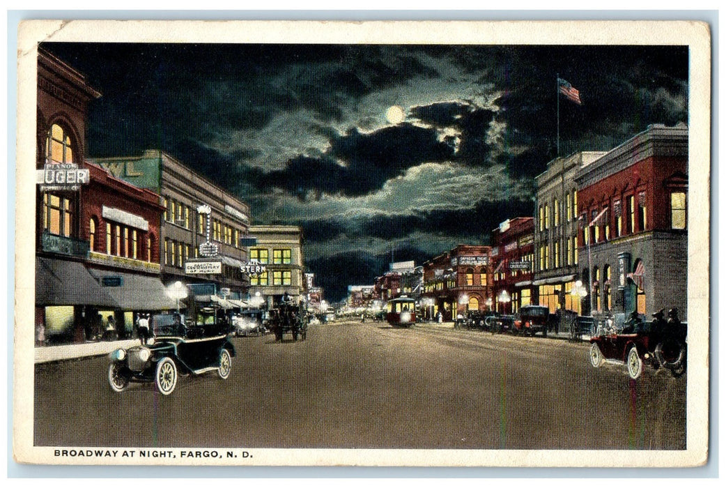 c1920's Broadway At Night Classic Cars Establishment Fargo North Dakota Postcard