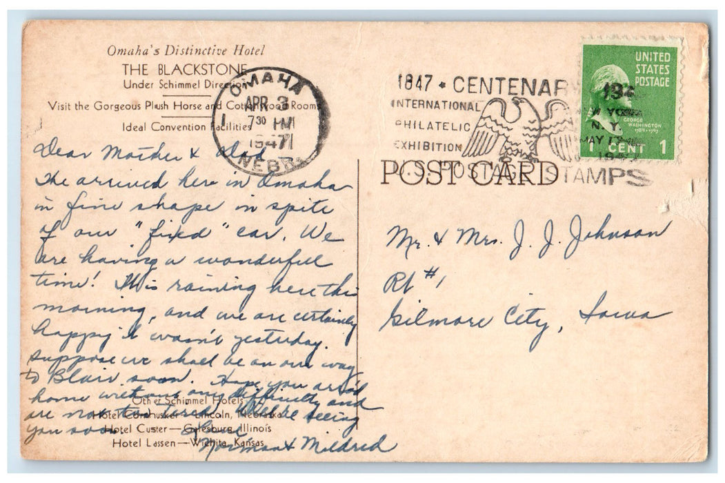 1947 The Hotel Blackstone Building Exterior Roadside Omaha Nebraska NE Postcard