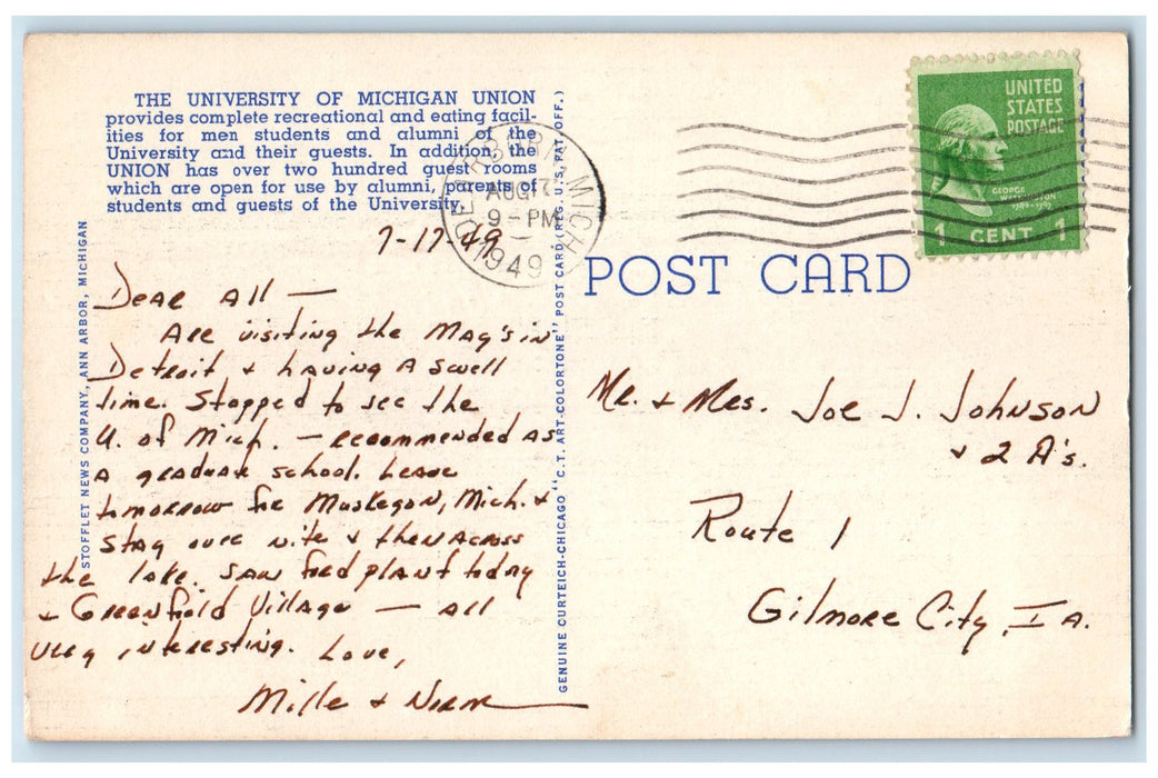 1949 Michigan Union Building University Of MI Ann Arbor Missouri MO Postcard