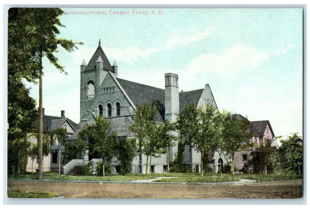 c1910's Congregational Church Building Dirt Road Fargo North Dakota Postcard