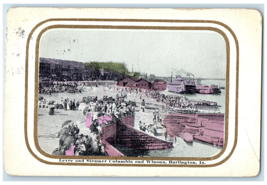 1912 Levee and Steamer Columbia And Winona Burlington Iowa IA Steamship Postcard