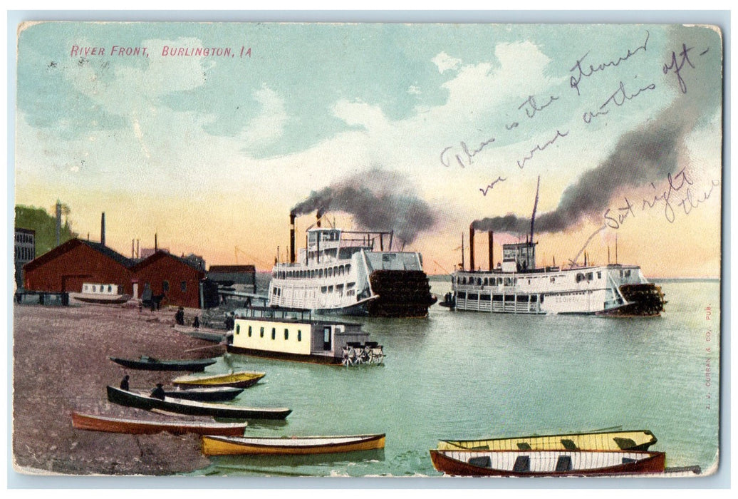 1909 River Front Steamships And Canoe Boats Burlington Iowa IA Posted Postcard