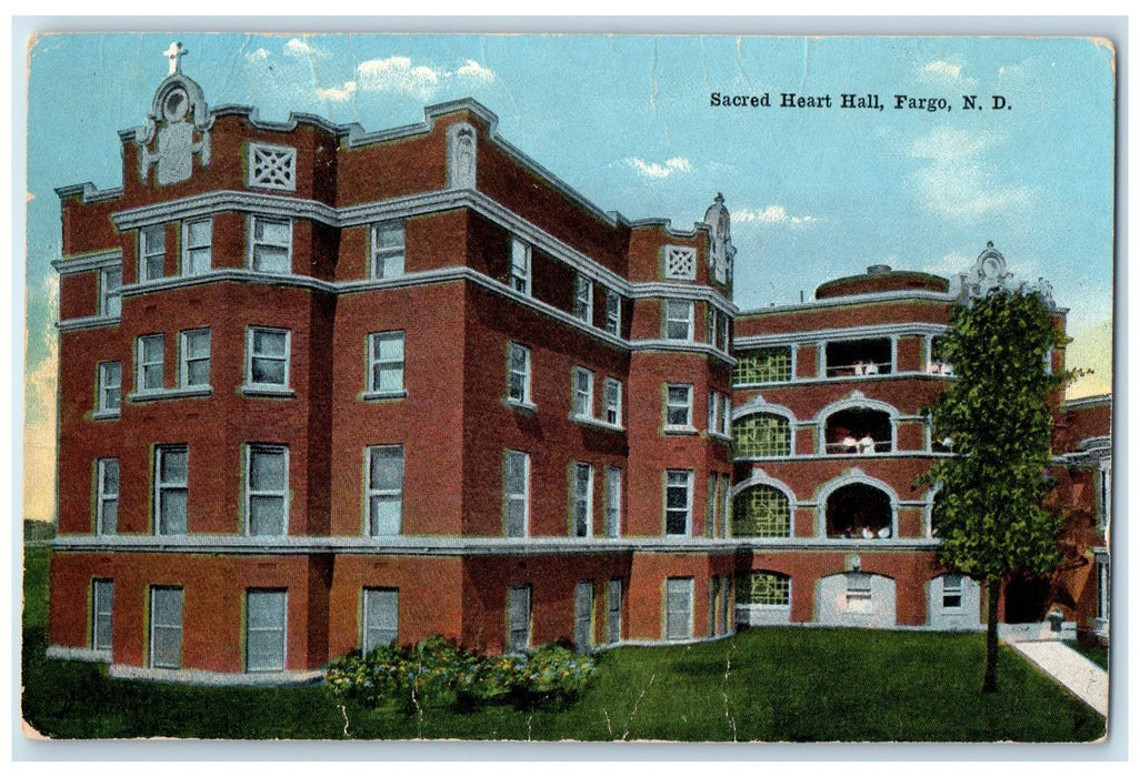 c1910 Sacred Heart Hall Building Cross On Tower View Fargo North Dakota Postcard