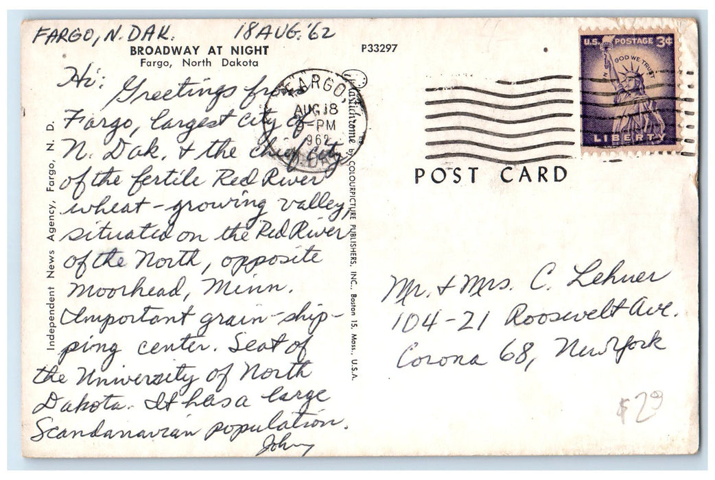 1962 Broadway At Night Street Lights Classic Cars Fargo North Dakota Postcard