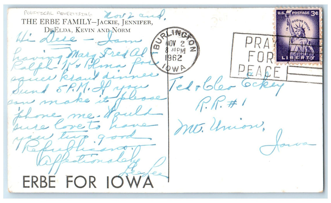 1962 Political Advertising The Erbe Family Burlington Iowa IA Posted Postcard