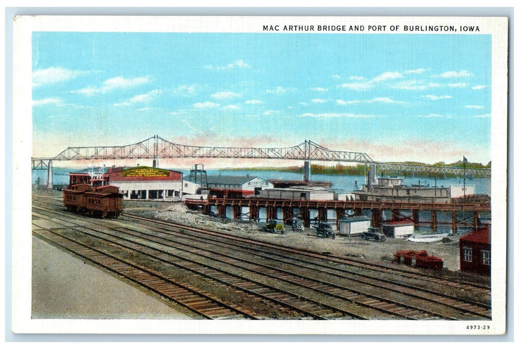 c1940's Mc Arthur Bridge And Port Of Burlington Iowa IA Unposted Train Postcard
