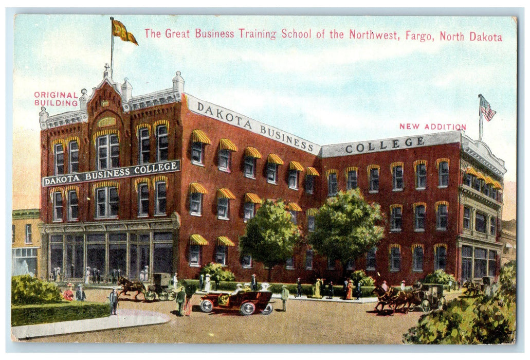 c1910 The Great Business Training School Classic Car Fargo North Dakota Postcard