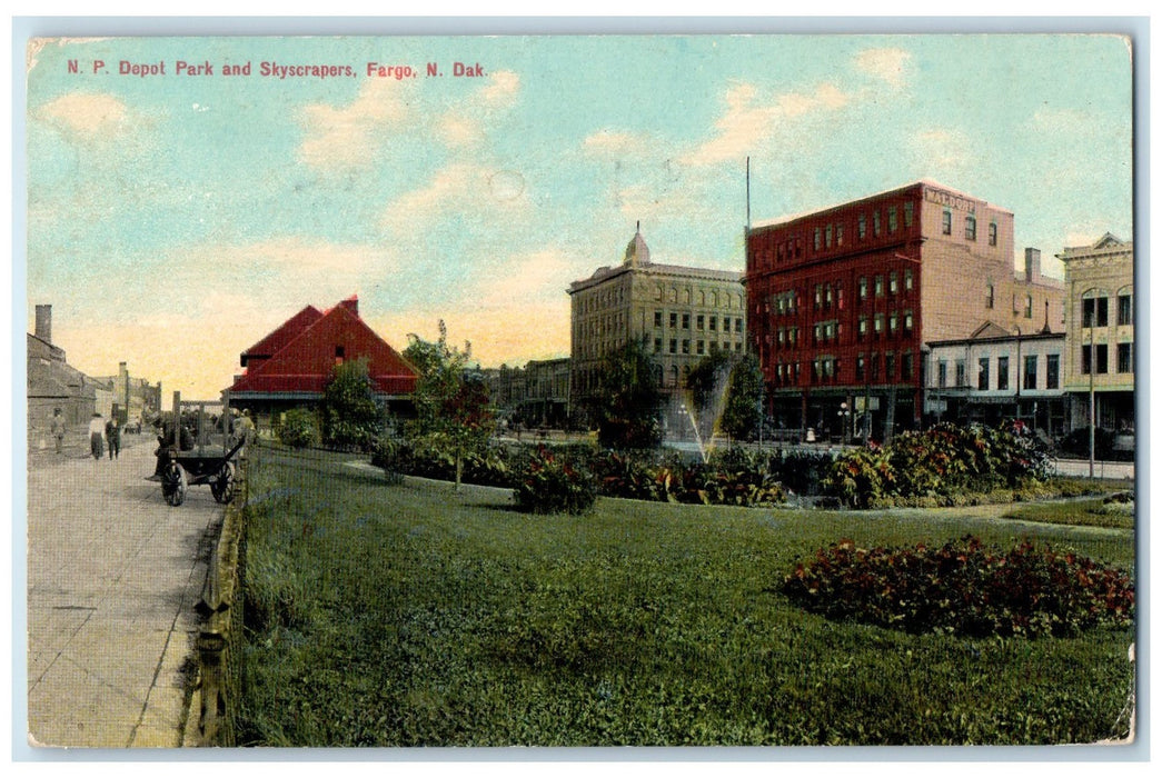 1910 Northern Pacific Depot Park Skyscraper Fountain Fargo North Dakota Postcard