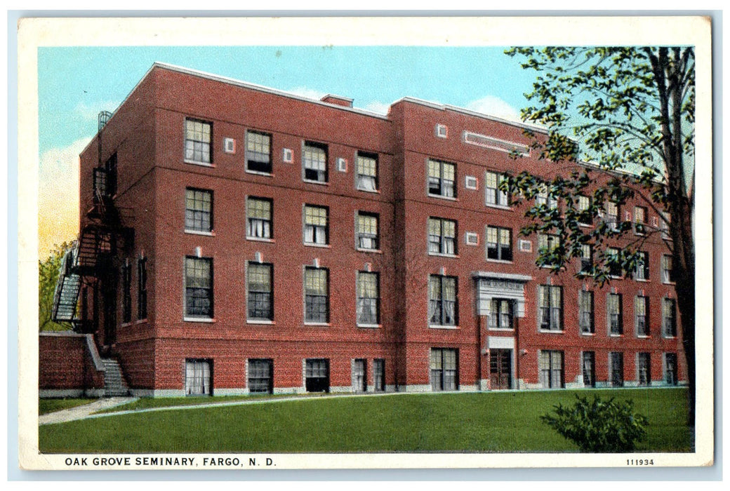 c1920 Oak Grove Seminary Building Fire Exit Entrance Fargo North Dakota Postcard