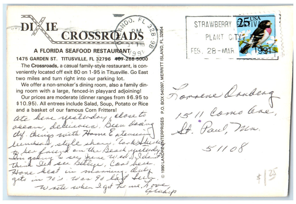 1991 Dixie Crossroads Seafood Restaurant Titusville Florida FL Posted Postcard