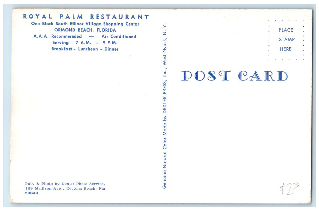 c1950's Royal Palm Restaurant Interior Dining View Ormond Beach Florida Postcard