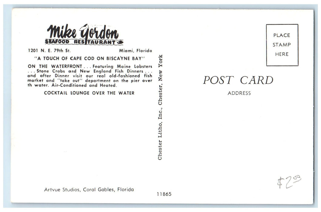 c1950's Mike Gordon Sea Food Restaurant Dining Interior Miami Florida Postcard