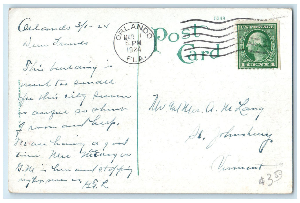1924 Post Office Building Classic Car People Entrance Orlando Florida Postcard