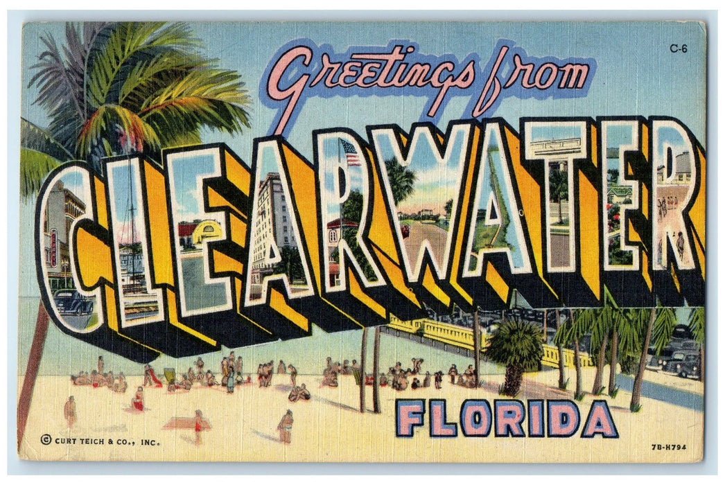 c1940's Greetings From Clearwater Multiview Bathing Swimming Florida Postcard