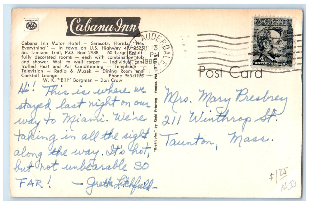 1966 Cabana Inn Motor Hotel Pool View Fort Lauderdale Florida FL Posted Postcard