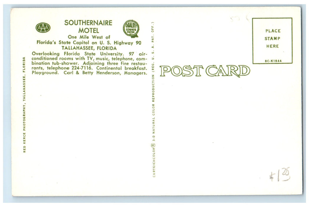 c1950 Southernaire Motel & Restaurant Swimming Pool Tallahassee Florida Postcard