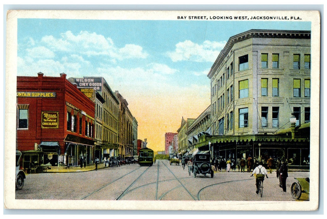 c1920's Bay Street Looking West Buildings Jacksonville Florida FL Cars Postcard