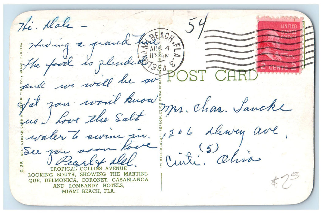 1954 Tropical Collins Avenue Hotel & Building Cars Miami Beach Florida Postcard