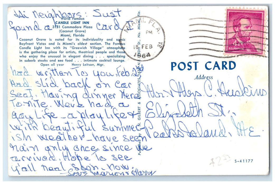 1964 Candle Light Inn World Famous Restaurant Dining View Miami Florida Postcard