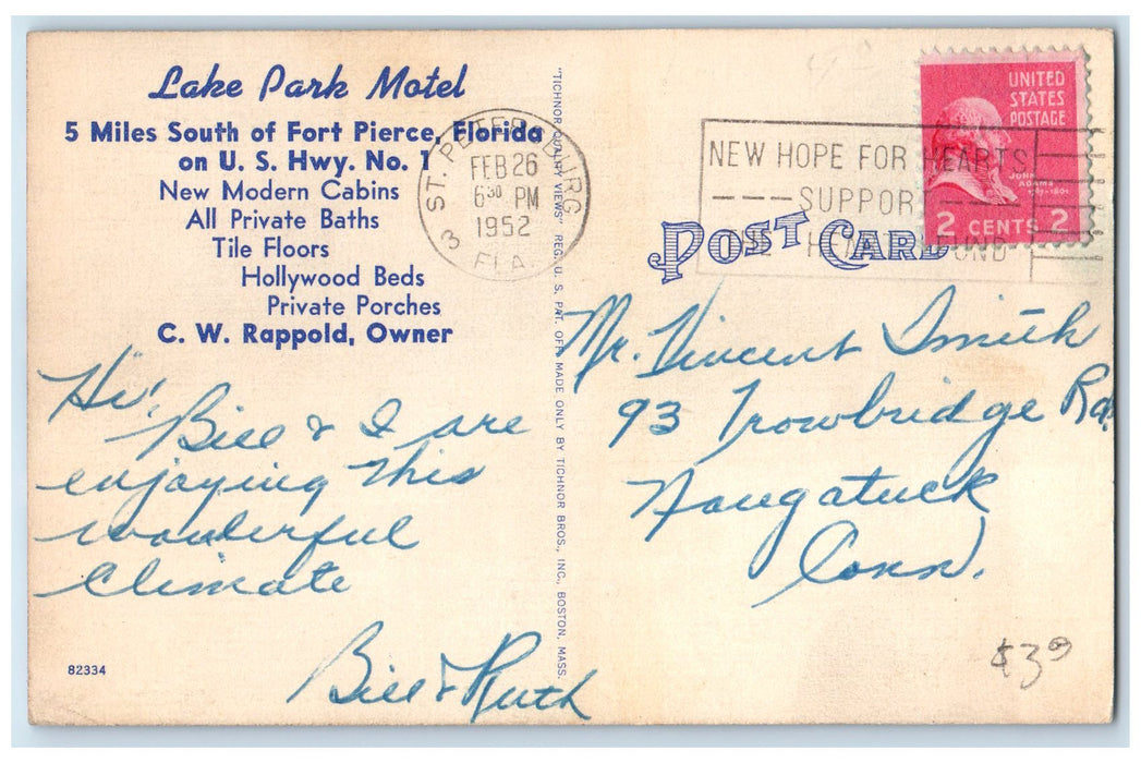 1952 Lake Park Motel Exterior Roadside Fort Pierce Florida FL Posted Postcard