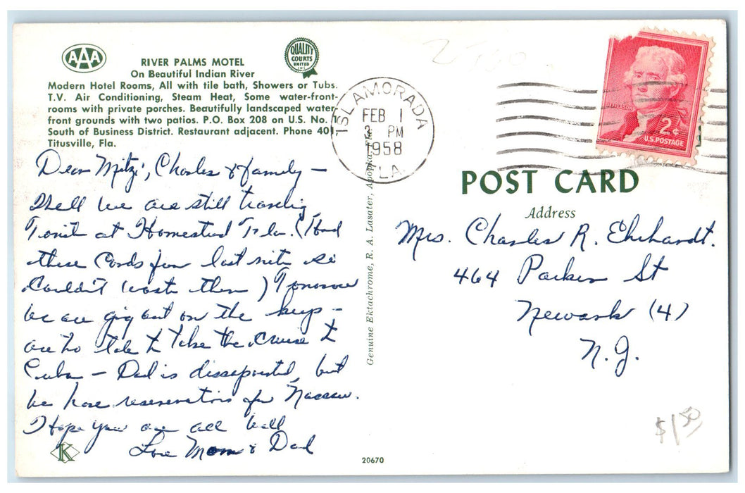 1958 River Palms Motel Exterior Roadside Islamorada Florida FL Posted Postcard