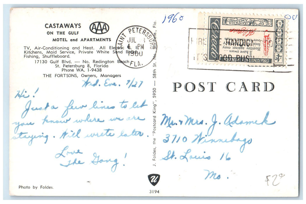 1960 Castaways Motel And Apartments St. Petersburg Florida FL Posted Postcard
