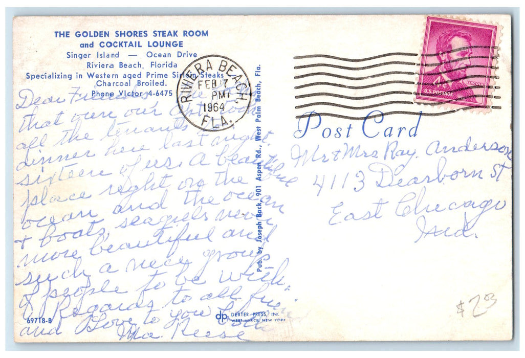 1964 Golden Shores Steak Room & Cocktail Lounge Riviera Beach Florida Postcard