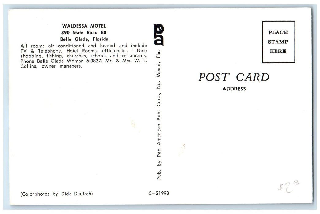 c1960s Waldessa Motel Exterior Roadside Belle Glade Florida FL Unposted Postcard