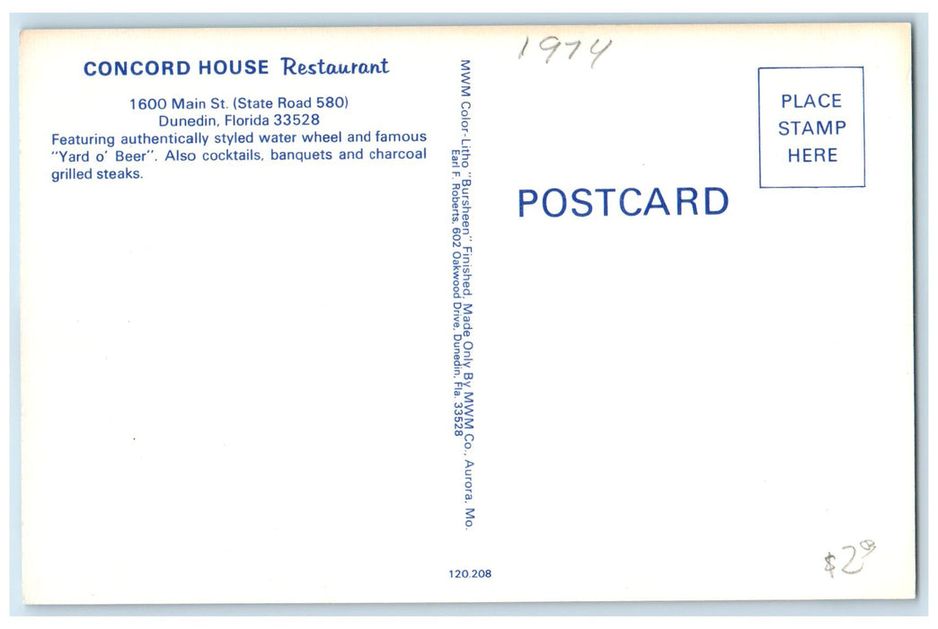 c1950's Concord House Restaurant Beer House Building Dunedin Florida Postcard