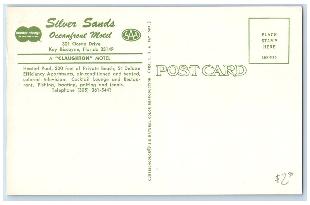 c1960's Silver Sansa Oceanfront Motel Key Biscayne Florida FL Unposted Postcard