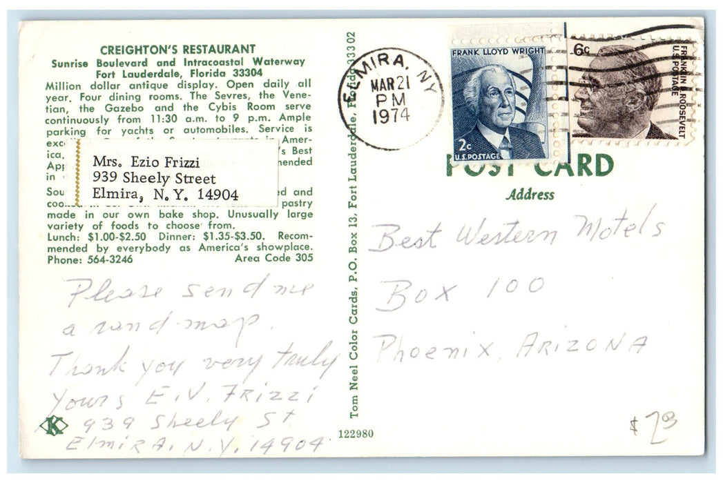 1974 Creighton's Restaurant Building Entrance Fort Lauderdale Florida Postcard