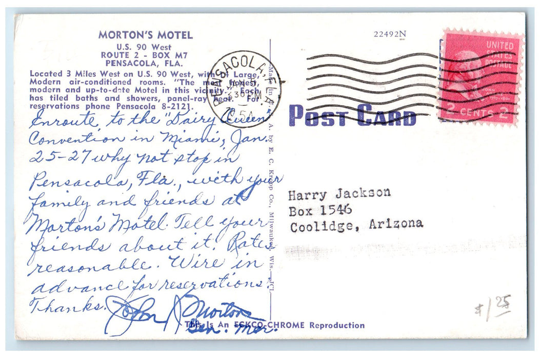 1954 Morton's Motel Exterior Roadside Scene Pensacola Florida FL Posted Postcard