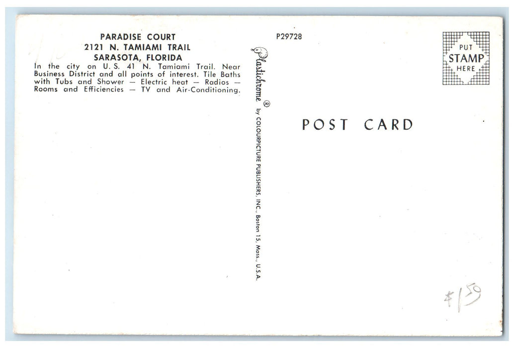 c1960's Paradise Court Exterior Roadside Sarasota Florida FL Unposted Postcard