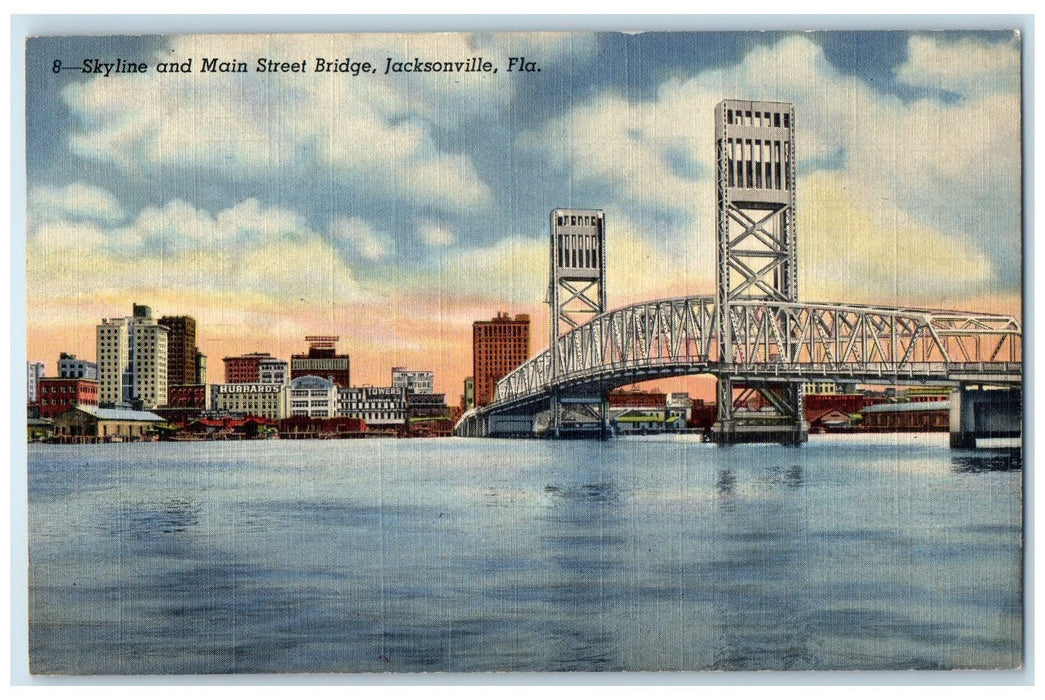 c1940's Skyline And Main Street Bridge Buildings Jacksonville Florida Postcard