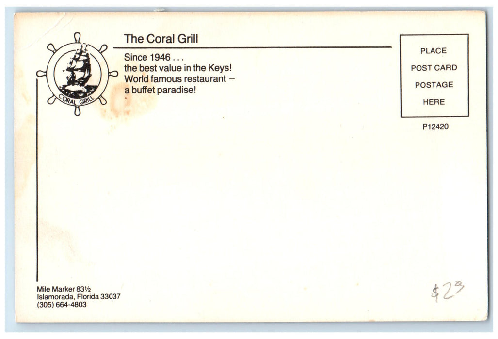 c1960's The Coral Grill Restaurant Interior Scene Islamorada Florida FL Postcard