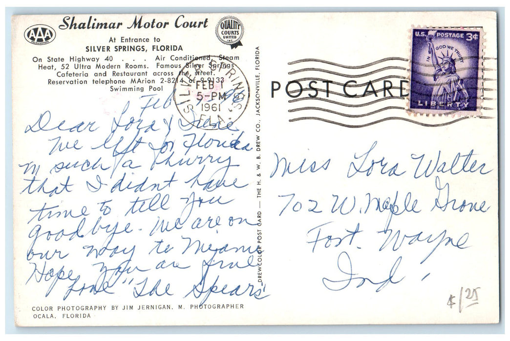 1961 Shalimar Motor Court Hotel & Restaurant Silver Springs Florida Postcard