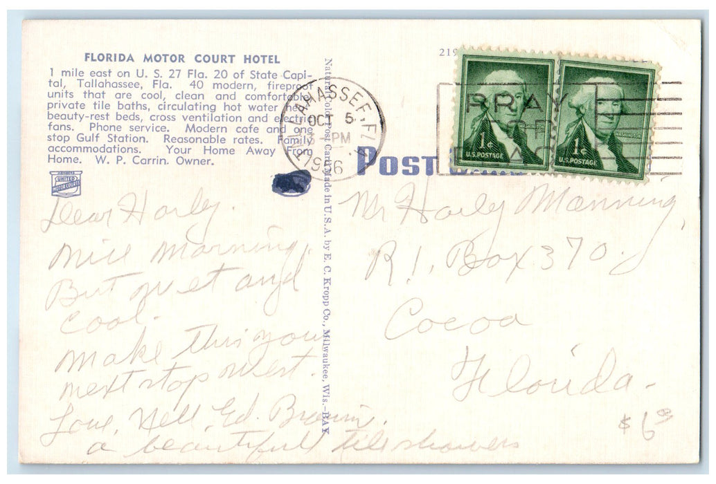 1956 Florida Motor Court Hotel Scene Tallahassef Florida FL Signages Postcard