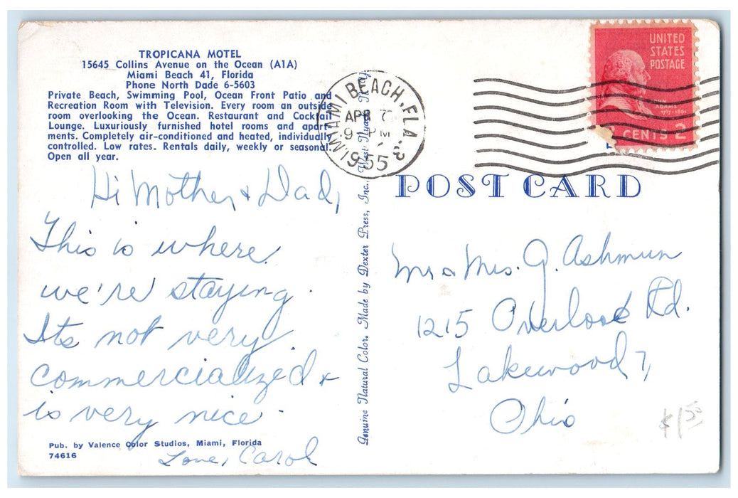 1955 Tropical Motel & Restaurant Multiview Miami Beach Florida Posted Postcard