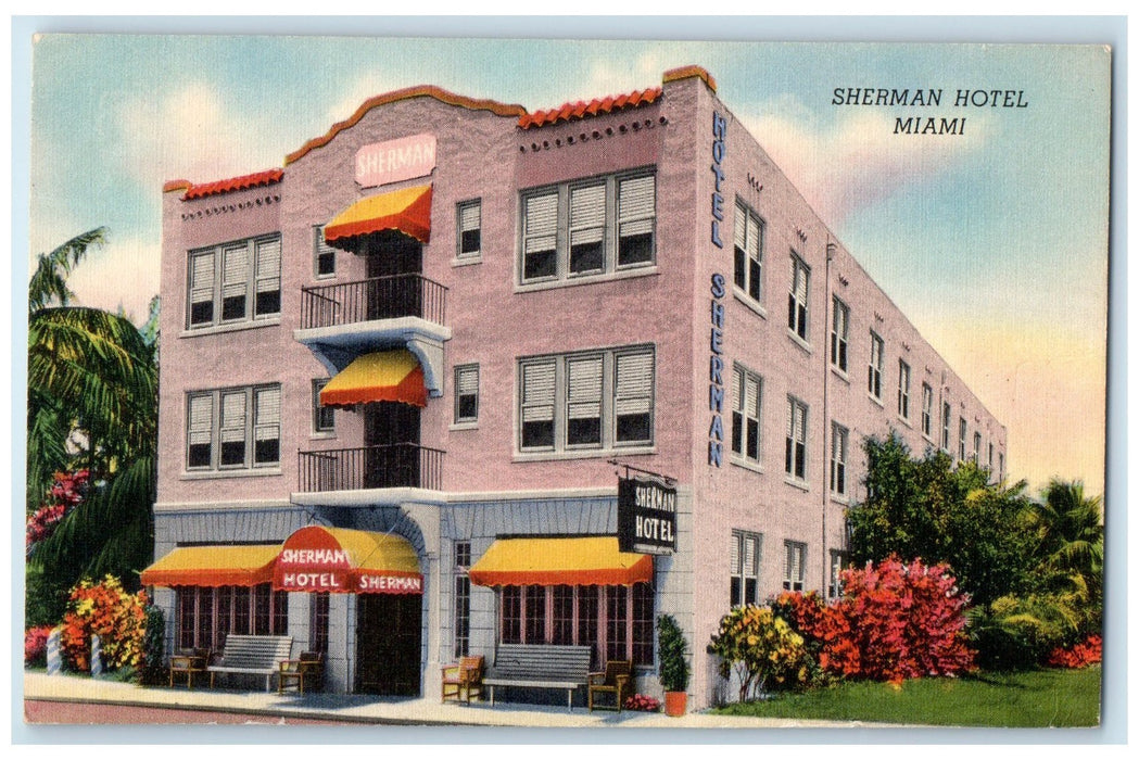 c1940's The Sherman Motel & Restaurant Building Entrance Miami Florida Postcard